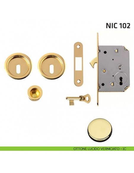 Kit tondo foro chiave con chiave, trascinatore e serratura NIC 102 ottone lucido verniciato