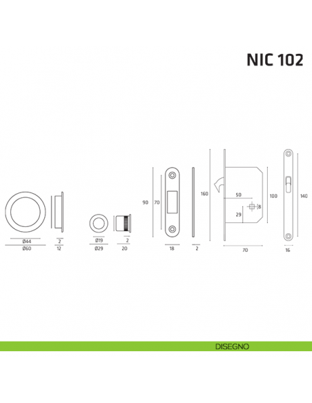 Kit tondo foro chiave con chiave, trascinatore e serratura NIC 102 disegno