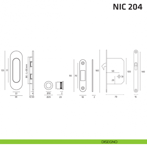 Kit ovale con nottolino + taglio vite con trascinatore e serratura NIC 204 satinato