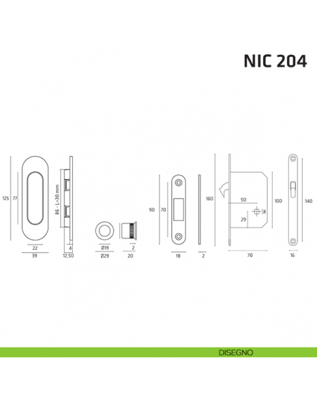 Kit ovale con nottolino + taglio vite con trascinatore e serratura NIC 204 satinato