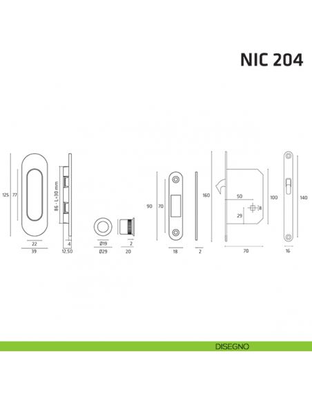 Kit ovale foro chiave con chiave, trascinatore e serratura NIC 204 disegno