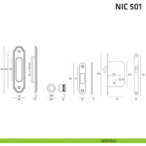 Kit ovale foro chiave con chiave, trascinatore e serratura NIC 501 disegno