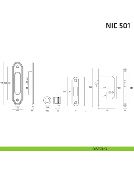 Kit ovale foro chiave con chiave, trascinatore e serratura NIC 501 disegno