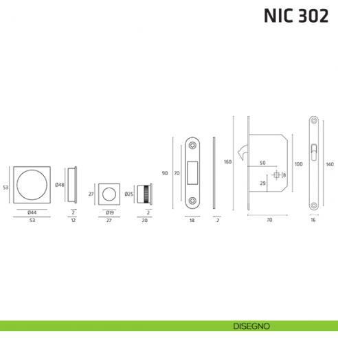 Kit quadrato con nottolino + taglio vite con trascinatore e serratura NIC 302 disegno