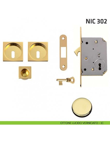 Kit quadrato foro chiave con chiave, trascinatore e serratura NIC 302 ottone lucido verniciato