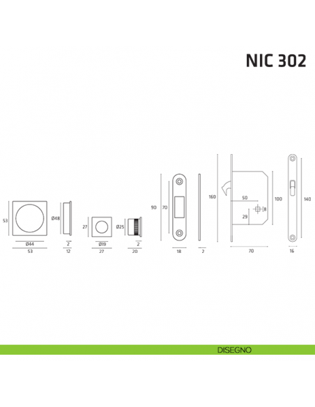Kit quadrato foro chiave con chiave, trascinatore e serratura NIC 302 disegno