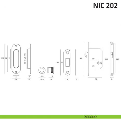 Kit ovale foro chiave con chiave, trascinatore e serratura NIC 202 disegno
