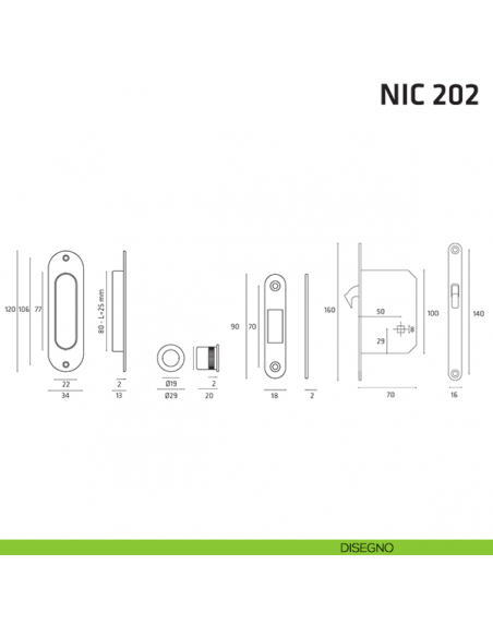 Kit ovale foro chiave con chiave, trascinatore e serratura NIC 202 disegno