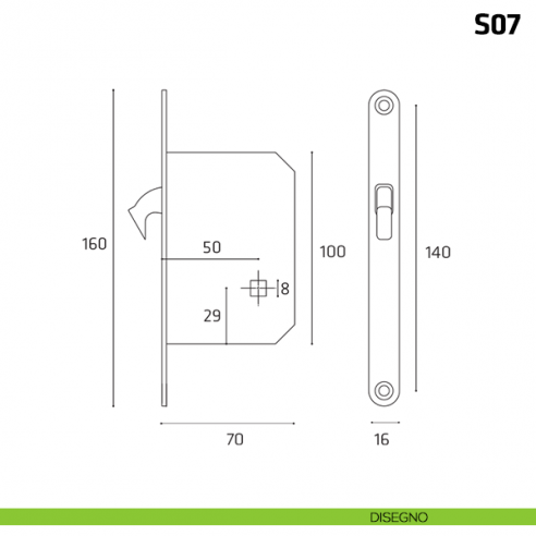 Serratura a gancio per porta scorrevole foro chiave S07 disegno