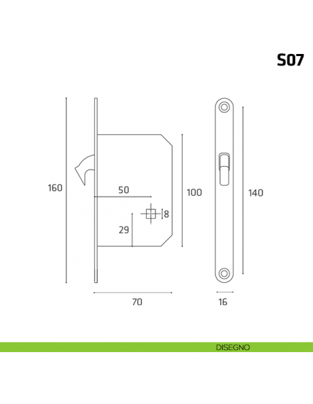 Serratura a gancio per porta scorrevole foro chiave S07 disegno