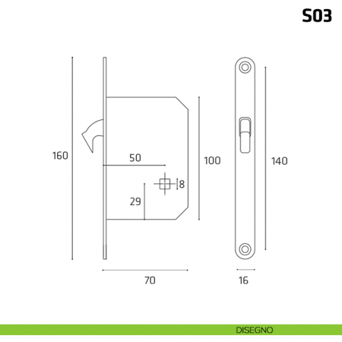 Serratura a gancio per porta scorrevole foro yale S03 disegno