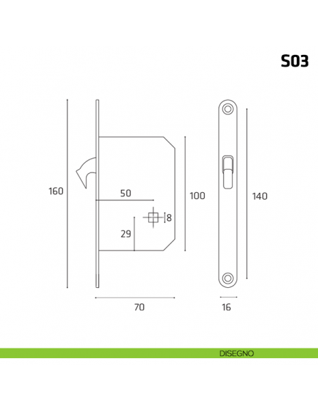 Serratura a gancio per porta scorrevole foro yale S03 disegno