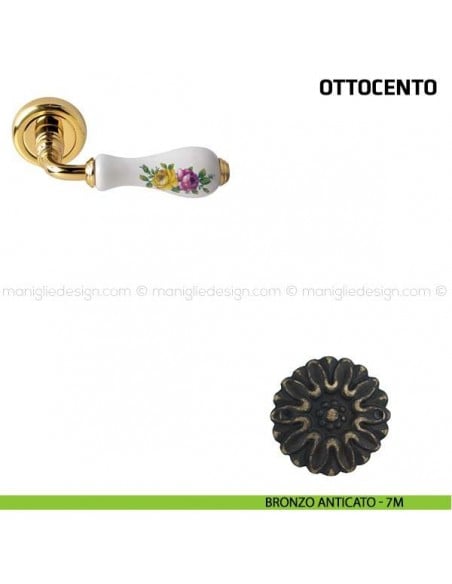 Maniglia per porta Ottocento Comit porcellana bianca fiore orizzontale bronzo anticato