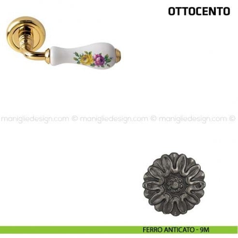 Maniglia per porta Ottocento Comit porcellana bianca fiore orizzontale ferro anticato
