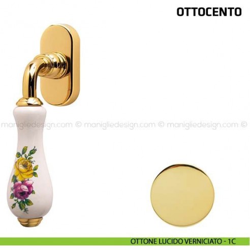 Maniglia per finestra martellina DK Ottocento Comit porcellana bianca fiore orizzontale ottone lucido verniciato