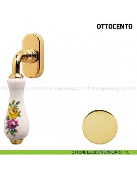 Maniglia per finestra martellina DK Ottocento Comit porcellana bianca fiore orizzontale ottone lucido verniciato
