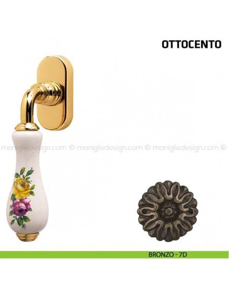 Maniglia per finestra martellina DK Ottocento Comit porcellana bianca fiore orizzontale bronzo