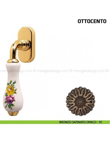 Maniglia per finestra martellina DK Ottocento Comit porcellana bianca fiore orizzontale bronzo satinato opaco