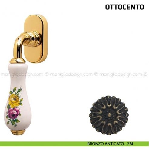 Maniglia per finestra martellina DK Ottocento Comit porcellana bianca fiore orizzontale bronzo anticato
