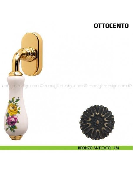 Maniglia per finestra martellina DK Ottocento Comit porcellana bianca fiore orizzontale bronzo anticato