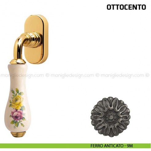 Maniglia per finestra martellina DK Ottocento Comit porcellana avorio fiore orizzontale ferro anticato