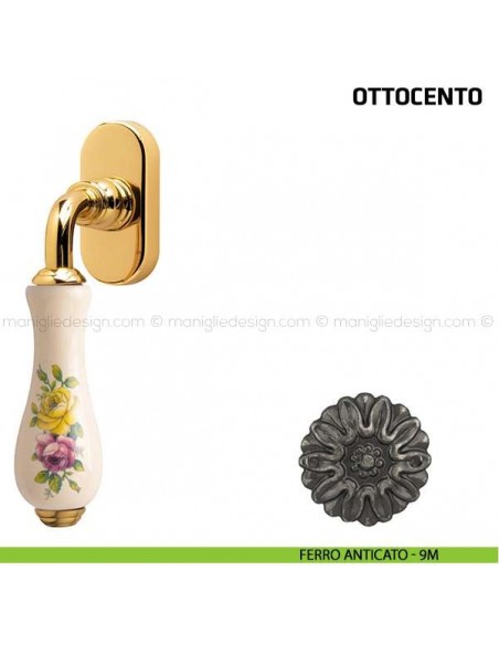 Maniglia per finestra martellina DK Ottocento Comit porcellana avorio fiore orizzontale ferro anticato