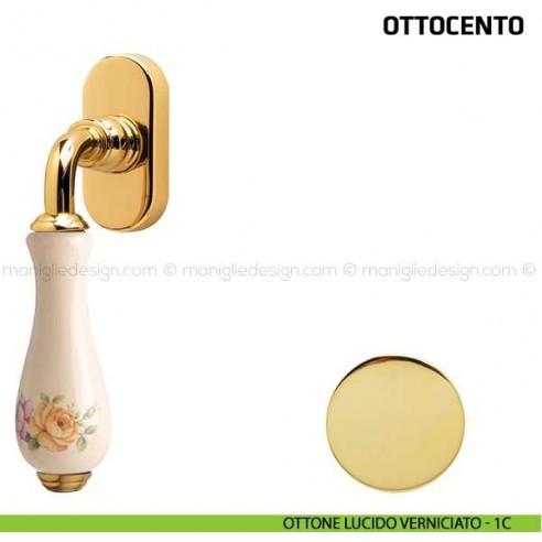 Maniglia per finestra martellina DK Ottocento Comit porcellana avorio fiore verticale ottone lucido verniciato