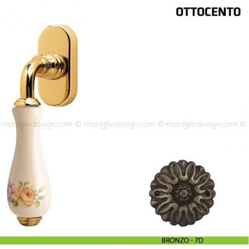 Maniglia per finestra martellina DK Ottocento Comit porcellana avorio fiore verticale bronzo