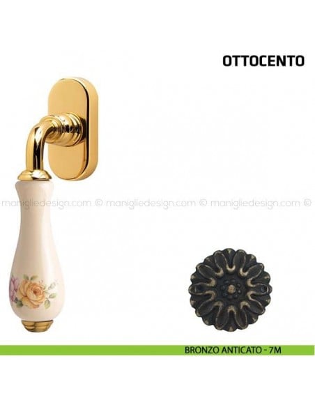 Maniglia per finestra martellina DK Ottocento Comit porcellana avorio fiore verticale bronzo anticato
