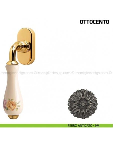 Maniglia per finestra martellina DK Ottocento Comit porcellana avorio fiore verticale ferro anticato
