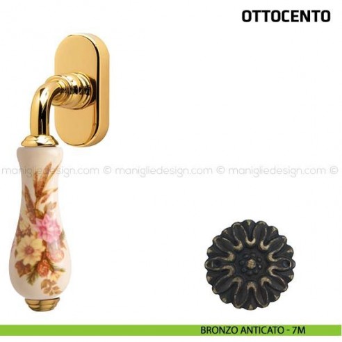 Maniglia per finestra martellina DK Ottocento Comit porcellana avorio spiga di grano bronzo anticato