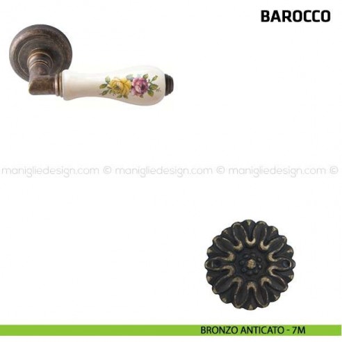 Maniglia per porta Barocco Comit porcellana bianca fiore orizzontale bronzo anticato