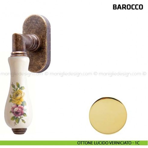 Maniglia per finestra martellina DK Barocco Comit porcellana bianca fiore orizzontale ottone lucido verniciato