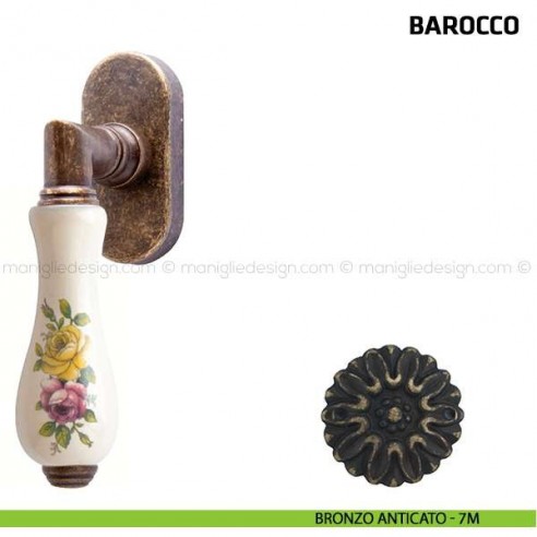 Maniglia per finestra martellina DK Barocco Comit porcellana bianca fiore orizzontale bronzo anticato