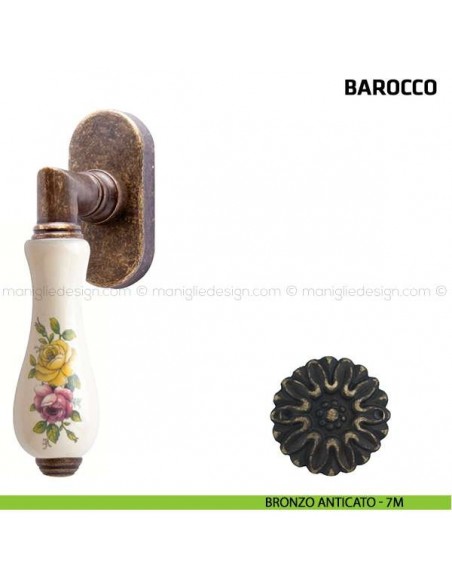 Maniglia per finestra martellina DK Barocco Comit porcellana bianca fiore orizzontale bronzo anticato