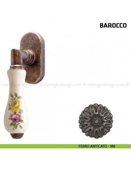 Maniglia per finestra martellina DK Barocco Comit porcellana bianca fiore orizzontale ferro anticato
