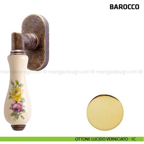 Maniglia per finestra martellina DK Barocco Comit porcellana avorio fiore orizzontale ottone lucido verniciato