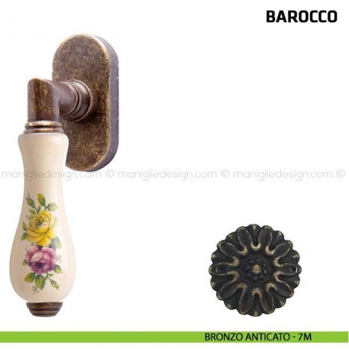 Maniglia per finestra martellina DK Barocco Comit porcellana avorio fiore orizzontale bronzo anticato