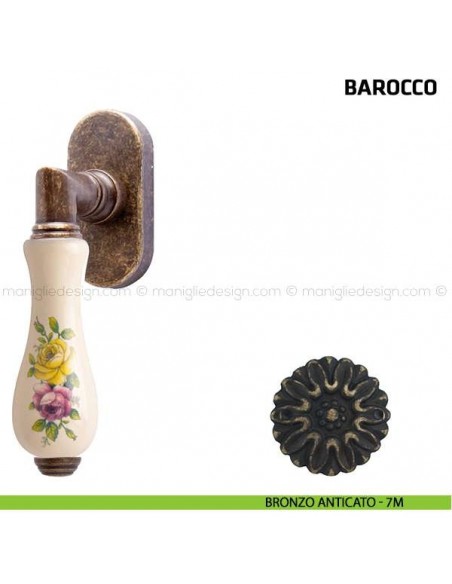 Maniglia per finestra martellina DK Barocco Comit porcellana avorio fiore orizzontale bronzo anticato