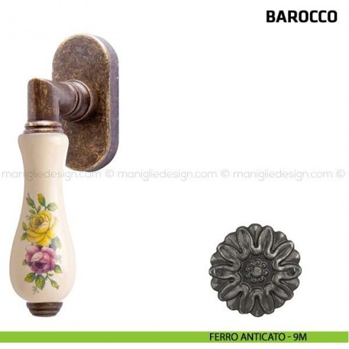 Maniglia per finestra martellina DK Barocco Comit porcellana avorio fiore orizzontale ferro anticato