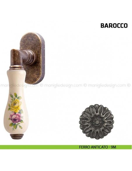 Maniglia per finestra martellina DK Barocco Comit porcellana avorio fiore orizzontale ferro anticato