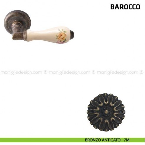 Maniglia per porta Barocco Comit porcellana avorio fiore verticale bronzo anticato