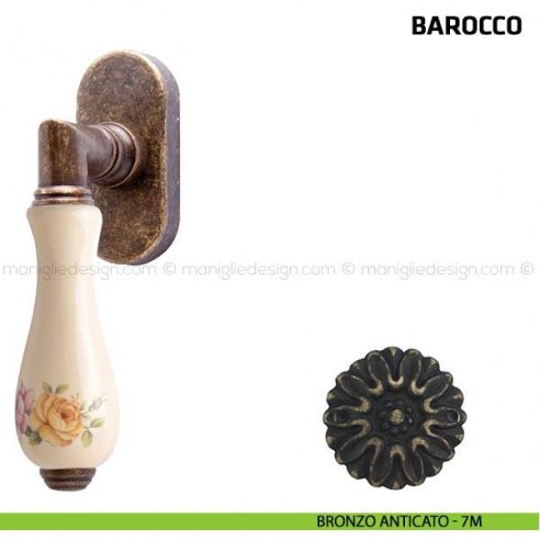 Maniglia per finestra martellina DK Barocco Comit porcellana avorio fiore verticale bronzo anticato