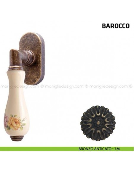 Maniglia per finestra martellina DK Barocco Comit porcellana avorio fiore verticale bronzo anticato