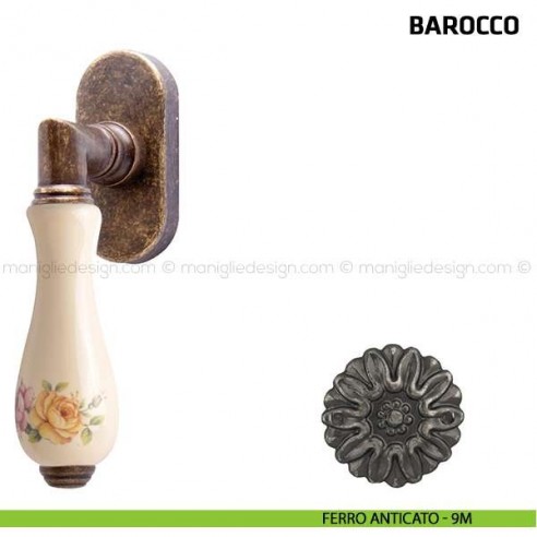 Maniglia per finestra martellina DK Barocco Comit porcellana avorio fiore verticale ferro anticato