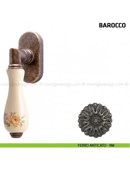 Maniglia per finestra martellina DK Barocco Comit porcellana avorio fiore verticale ferro anticato