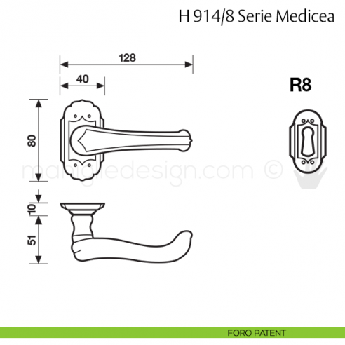 Maniglia per porta H 914/8 Medicea Valli & Valli foro patent