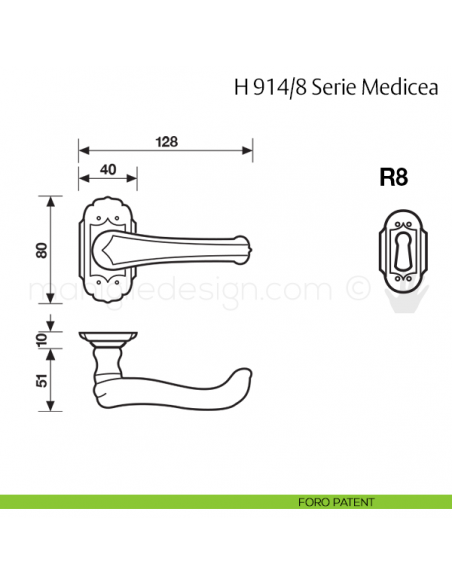 Maniglia per porta H 914/8 Medicea Valli & Valli foro patent