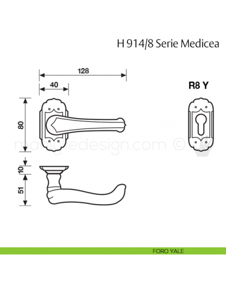Maniglia per porta H 914/8 Medicea Valli & Valli foro yale