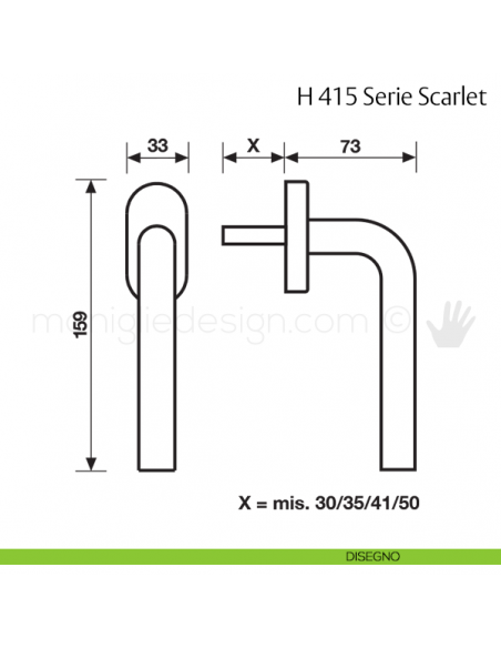 Maniglia per finestra martellina DK H 415 Scarlet Valli & Valli disegno